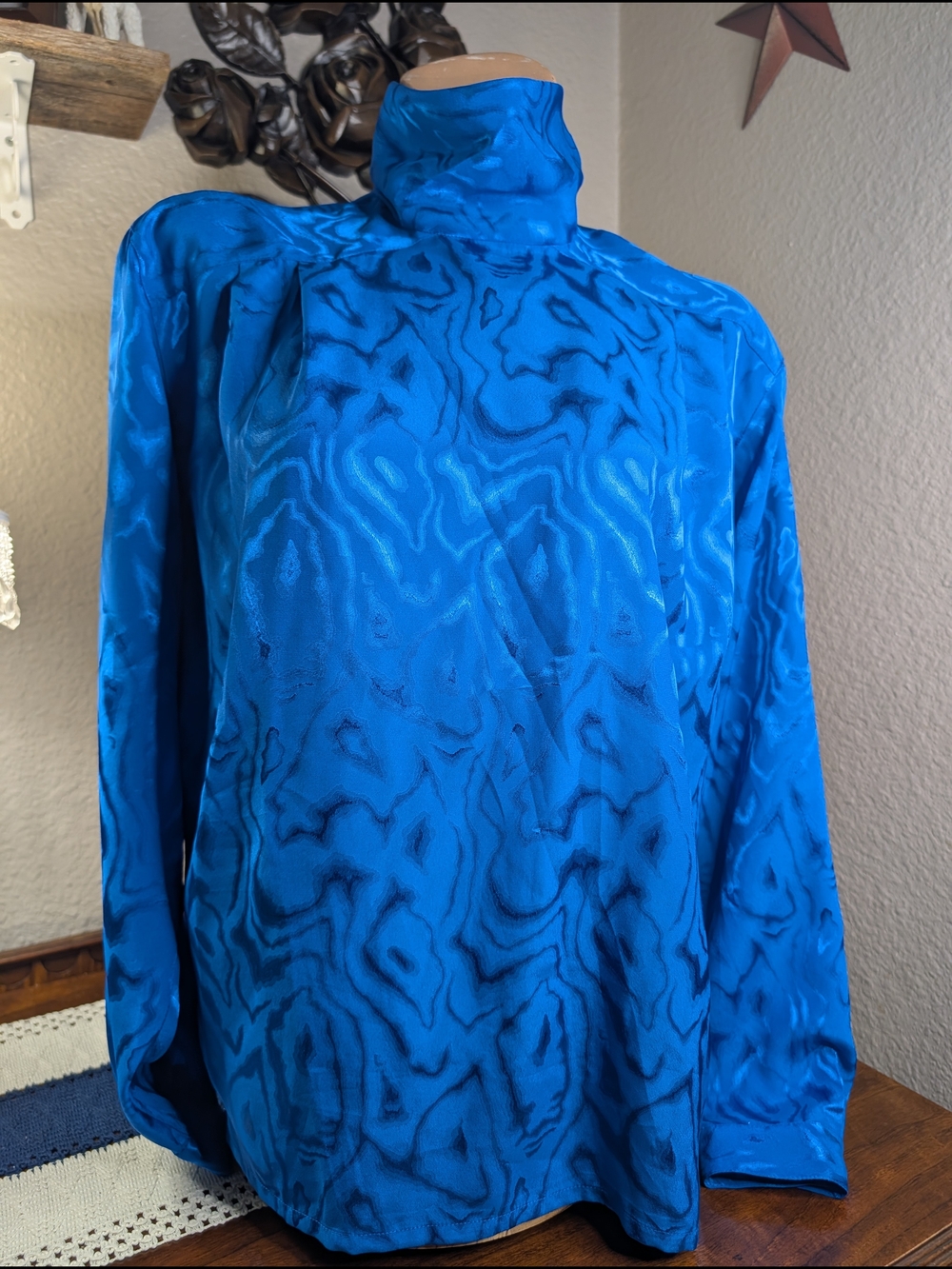 Vintage 90s Blue Michelle Stuart Mock Neck Blouse With Button Detailing